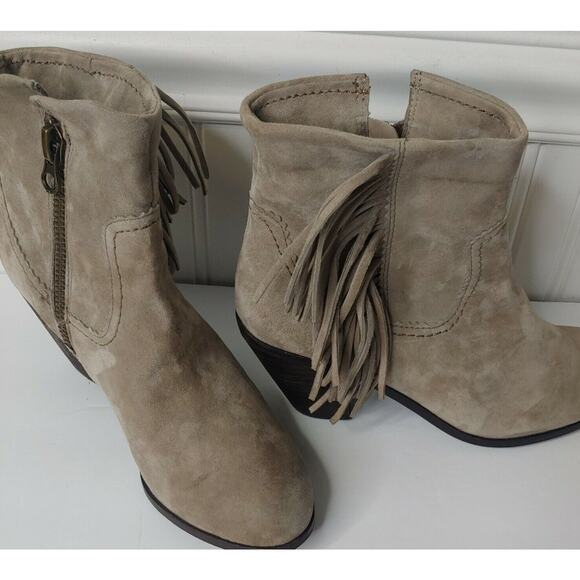Sam Edelman Womens Louie Fringe Ankle Boots Suede Zip Bootie Taupe 8.5 - Picture 1 of 8